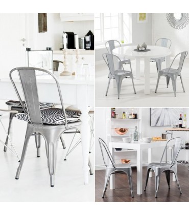 Devoko Metal Indoor-Outdoor Chairs Distressed Style Kitchen Dining Chairs Stackable Side Chairs with Back Set of 4 Silver