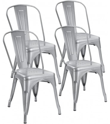 Devoko Metal Indoor-Outdoor Chairs Distressed Style Kitchen Dining Chairs Stackable Side Chairs with Back Set of 4 Silver