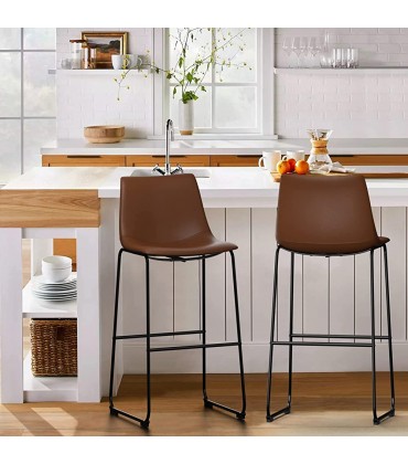 Retro Bar Stools Crazy-Horse Leather with Metal Legs Barstools Lounge Kitchen Island Bar Stools Set of 2 Walnut Color A-GE17021-USSU014