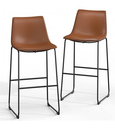 Retro Bar Stools Crazy-Horse Leather with Metal Legs Barstools Lounge Kitchen Island Bar Stools Set of 2 Walnut Color A-GE17021-USSU014