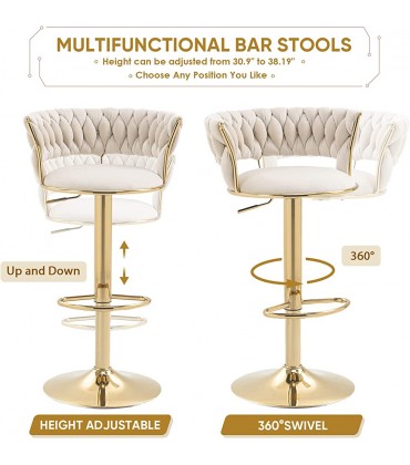 Velvet Swivel Bar Stools Set of 2 Adjustable Counter Height Bar Stool with Woven Back Upholstered Kitchen Dining Chairs Modern Barstools for Kitchen Island Cafe Pub Bar CounterIvory