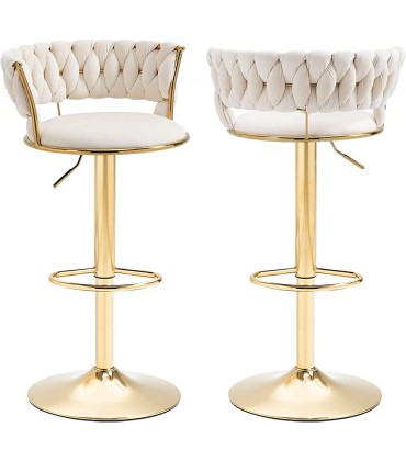 Velvet Swivel Bar Stools Set of 2 Adjustable Counter Height Bar Stool with Woven Back Upholstered Kitchen Dining Chairs Modern Barstools for Kitchen Island Cafe Pub Bar CounterIvory